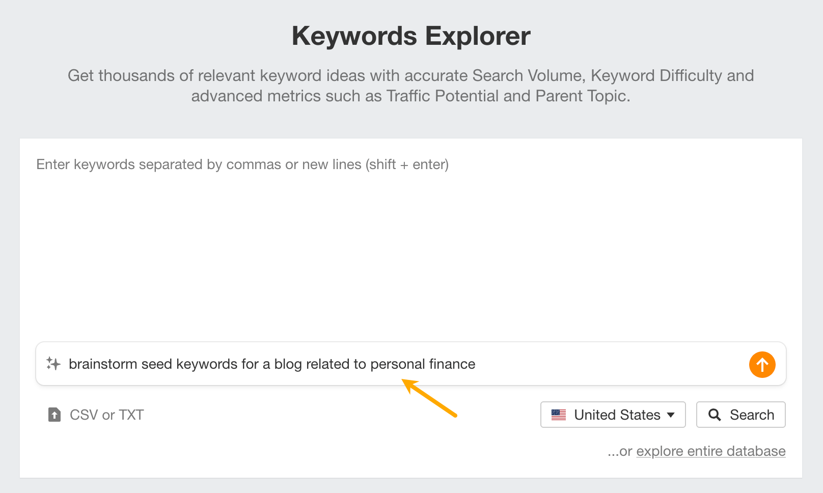 Using built-in AI in Keywords Explorer to find seed keywords. 