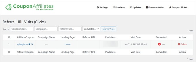 Coupon Affiliates' Referral URL Visits feature Coupon Affiliates' Referral URL Visits feature