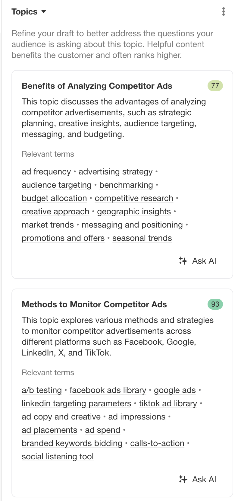 AI Content Helper suggests subtopics to write about instead of keywords