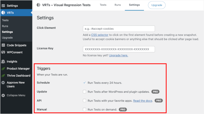 Setting up VRTs triggers Setting up VRTs triggers
