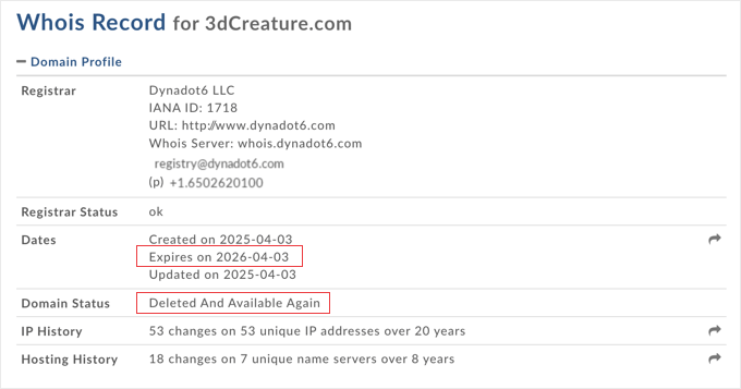 Example of an Expiring Domain's WHOIS Record Example of an Expiring Domain's WHOIS Record
