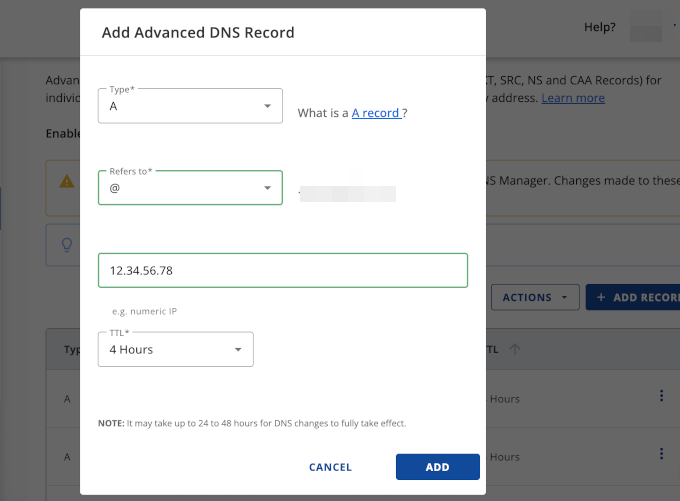 Adding an A record Adding an A record
