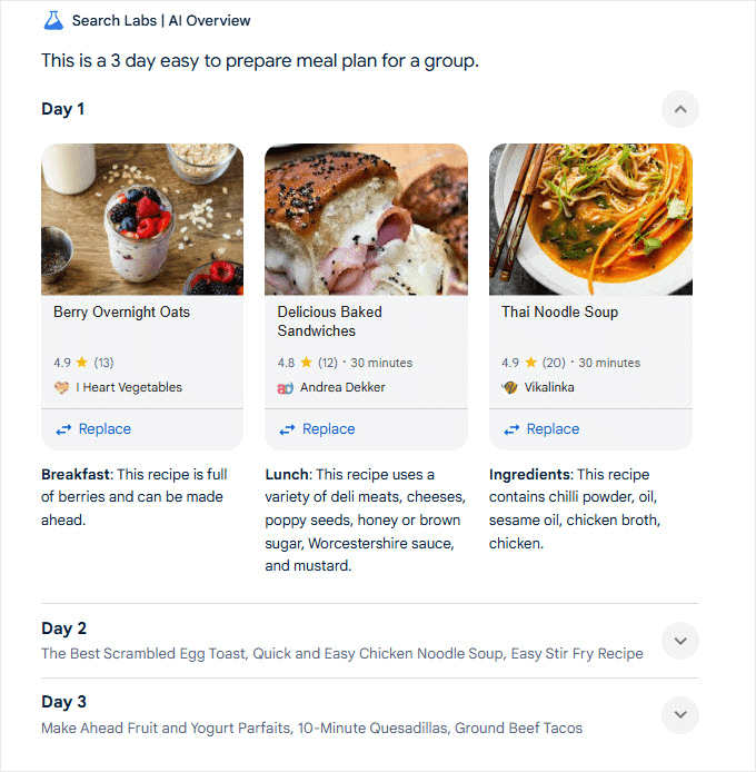 AI overview answering a longer, advanced query about creating a meal plan AI overview answering a longer, advanced query about creating a meal plan