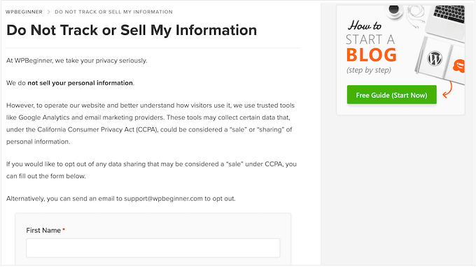An example of a 'Do not sell my info' page in WordPress An example of a 'Do not sell my info' page in WordPress