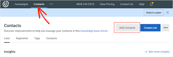 The Constant Contacts dashboard