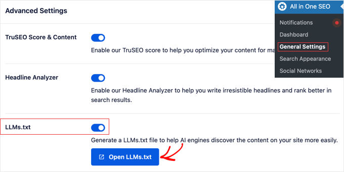 AIOSEO's LMMs.txt Settings