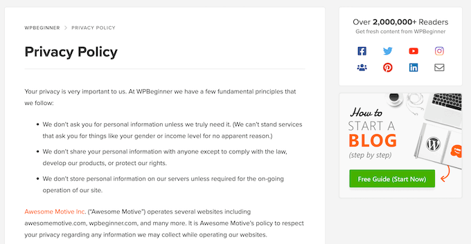 WPBeginner's privacy policy 