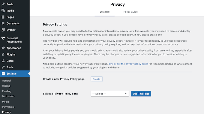 Generating a privacy policy using the built-in WordPress tools