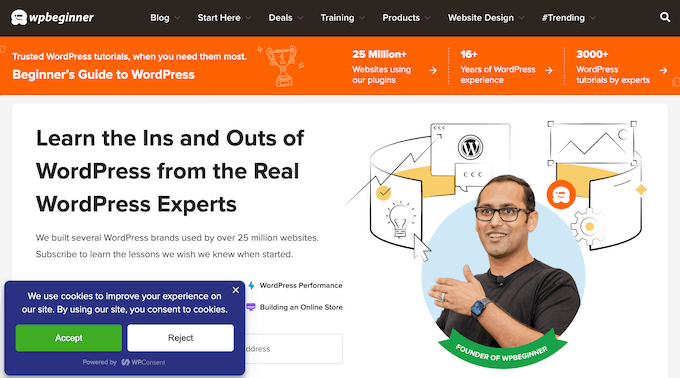 An example of a cookie consent and privacy banner, created using WPConsent 