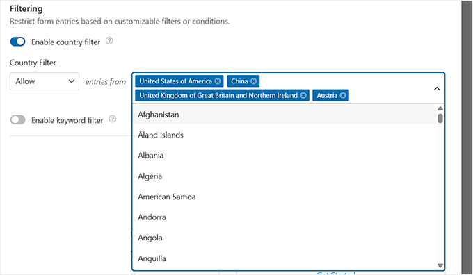 Allow or deny form entries from specific countries in WPForms
