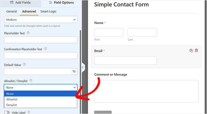Scroll down to the Allowlist/Denylist option in WPForms