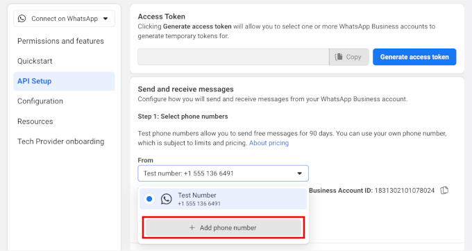 Open dropdown to click Add phone number