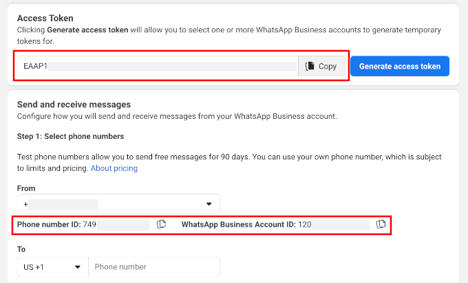 Copy access token, WA ID, and phone number ID