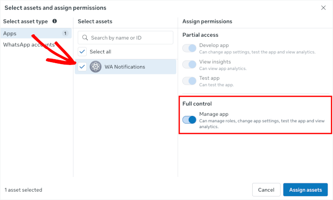 Enabling full control in a Meta asset