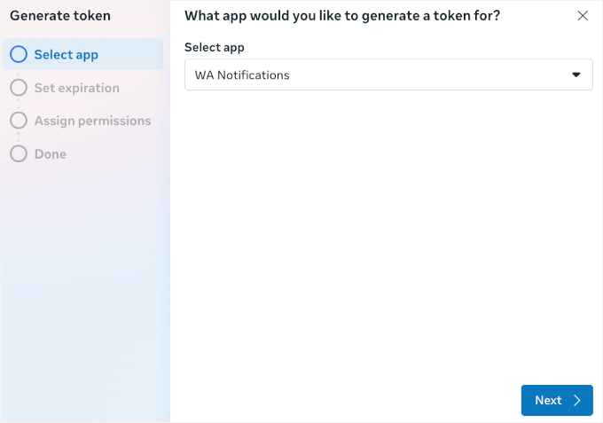 Selecting app to generate permanent token