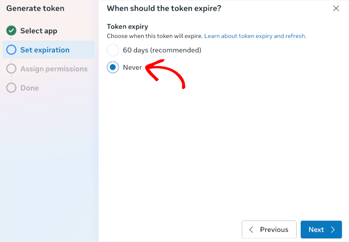 Setting up token expiration to never