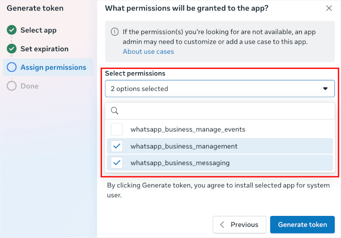 Assigning permissions for the token