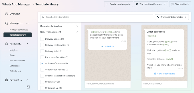 Template library in WhatsApp manager