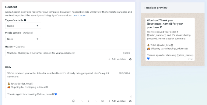 Personalizing new order message content