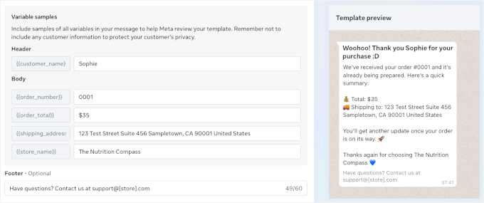 Testing message template with variable samples