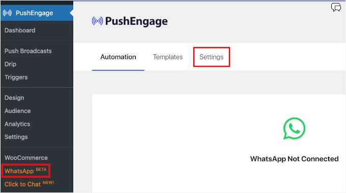 Settings tab in PushEngages' WhatsApp menu