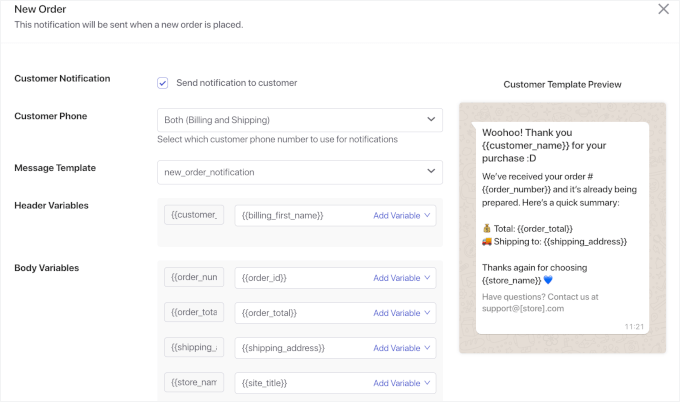 Customer details for the new order notification
