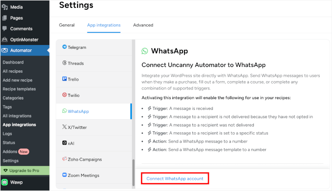 Connecting Uncanny Automator to WhatsApp