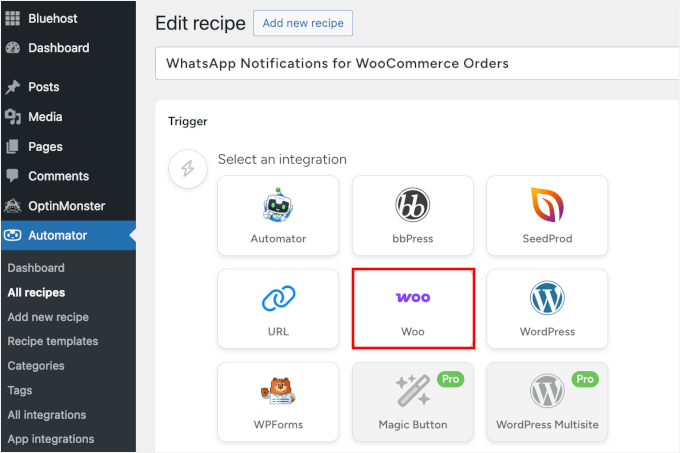 Choosing WooCommerce as trigger