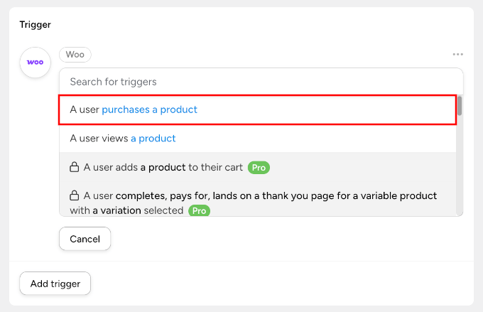 A user purchases a product trigger