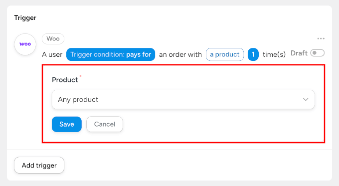 Specifying which products to fire trigger
