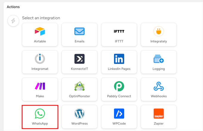 Selecting WhatsApp integration for action