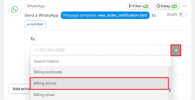 Choosing the Billing Phone dynamic tag