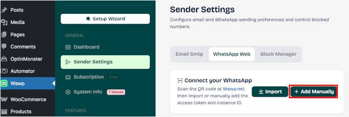 Choosing manual connection for Wawp and WordPress