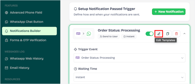 The Edit Template button in Wawp