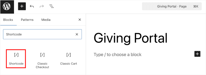 Adding the Shortcode block