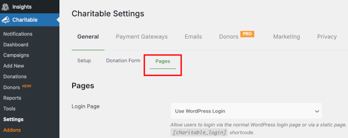 Page settings in Charitable