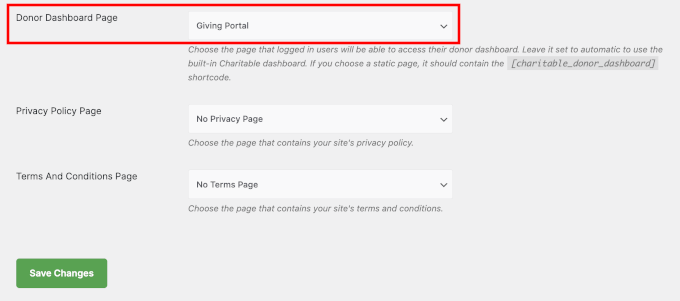 Choose the custom page as the donor dashboard on your site
