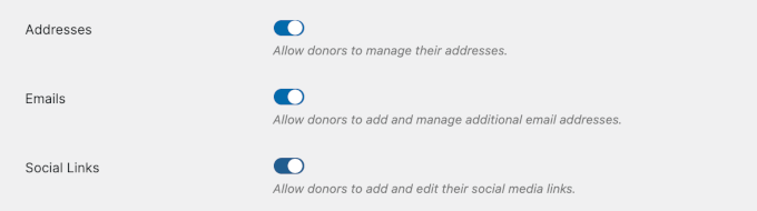 Address, email, and social links options in Donor Dashboard