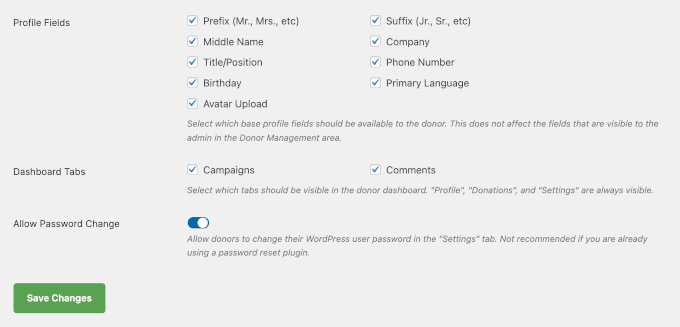 Profile, Overview, and Password options in Donor Dashboard