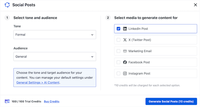 Using AIOSEO to generate posts for LinkedIn, Facebook, Twitter/X and more Using AIOSEO to generate posts for LinkedIn, Facebook, Twitter/X and more