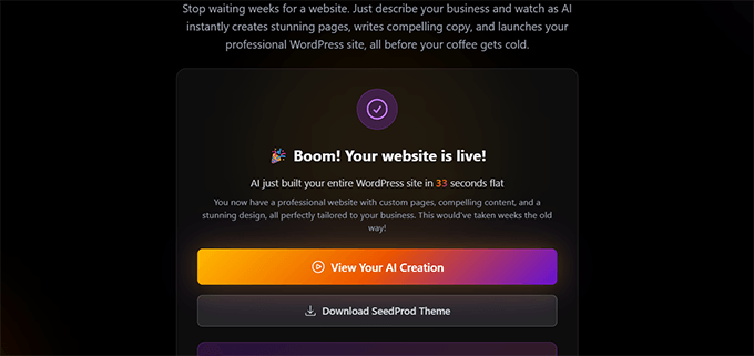 SeedProd vibe coded a website in 33 seconds. 