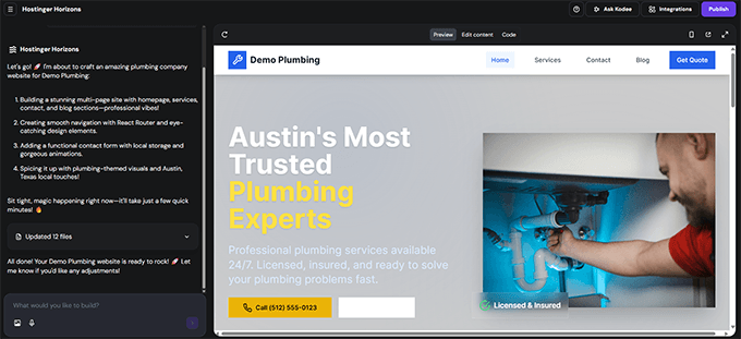 Previewing website in Hostinger Horizons - AI website builder. 