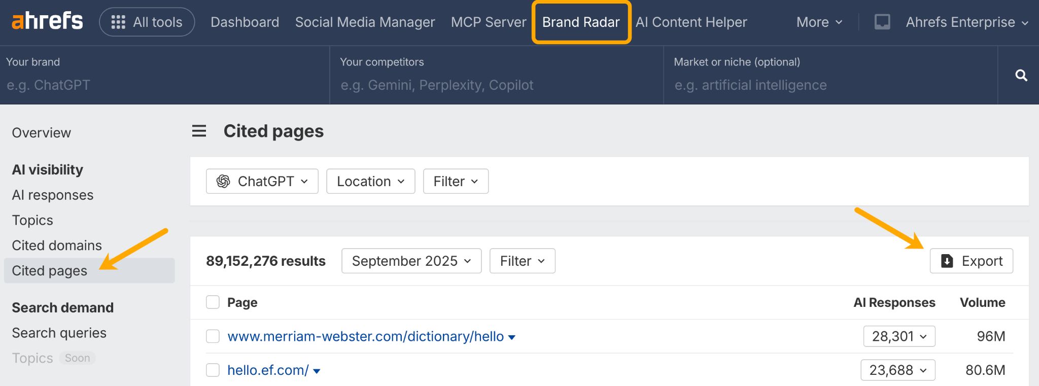 A screenshot of Ahrefs Brand Radar's Cited Pages report, with an arrow indicating the export button on the right of the page