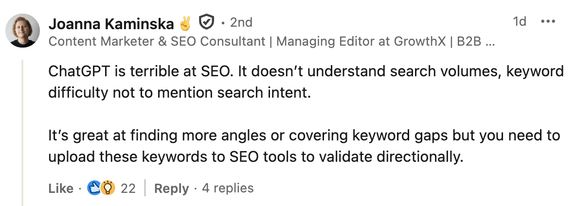 SEOs replying that you can't replace SEO tools with AI