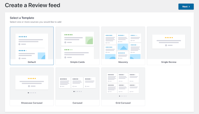 Selecting a Reviews Feed template Selecting a Reviews Feed template