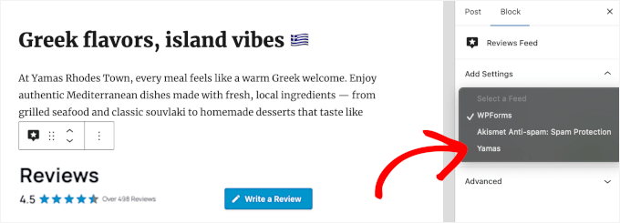 Choosing the TripAdvisor reviews feed to add Choosing the TripAdvisor reviews feed to add