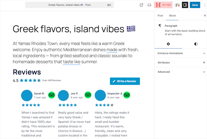 TripAdvisor reviews loaded on the content editor TripAdvisor reviews loaded on the content editor