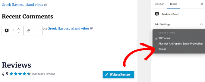 Selecting the TripAdvisor reviews feed to embed Selecting the TripAdvisor reviews feed to embed
