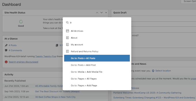 Command palette in WordPress dashboard Command palette in WordPress dashboard