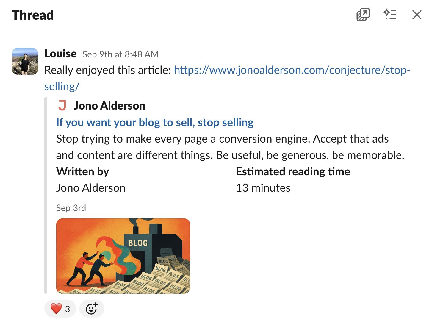 Slack conversation in Ahrefs, with Louise Linehan sharing Jono Alderson's article "If you want your blog to sell, stop selling" with the comment "Really enjoyed this article"
